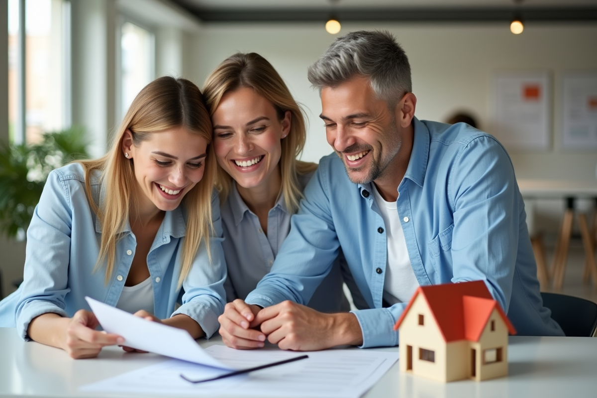 Couple souriant avec agent immobilier en bureau moderne