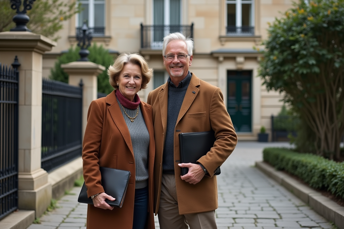 Couple devant une maison ancienne en rue calme