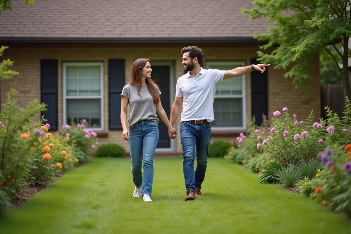 Jeune couple dans un jardin en discutant en extérieur