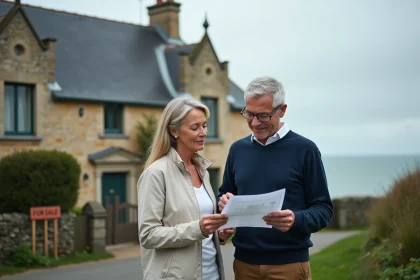 Couple devant une maison normande à vendre en bord de mer, consultant des documents immobiliers