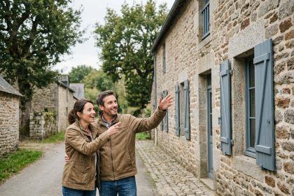 Couple devant une maison en pierre bretonne dans une petite commune d'Ille-et-Vilaine