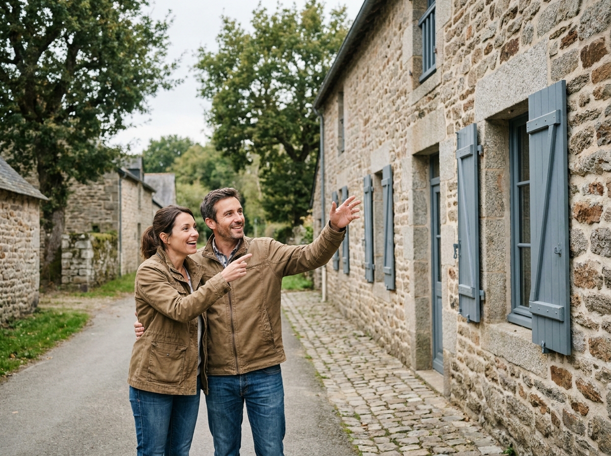 Couple devant une maison en pierre bretonne dans une petite commune d'Ille-et-Vilaine