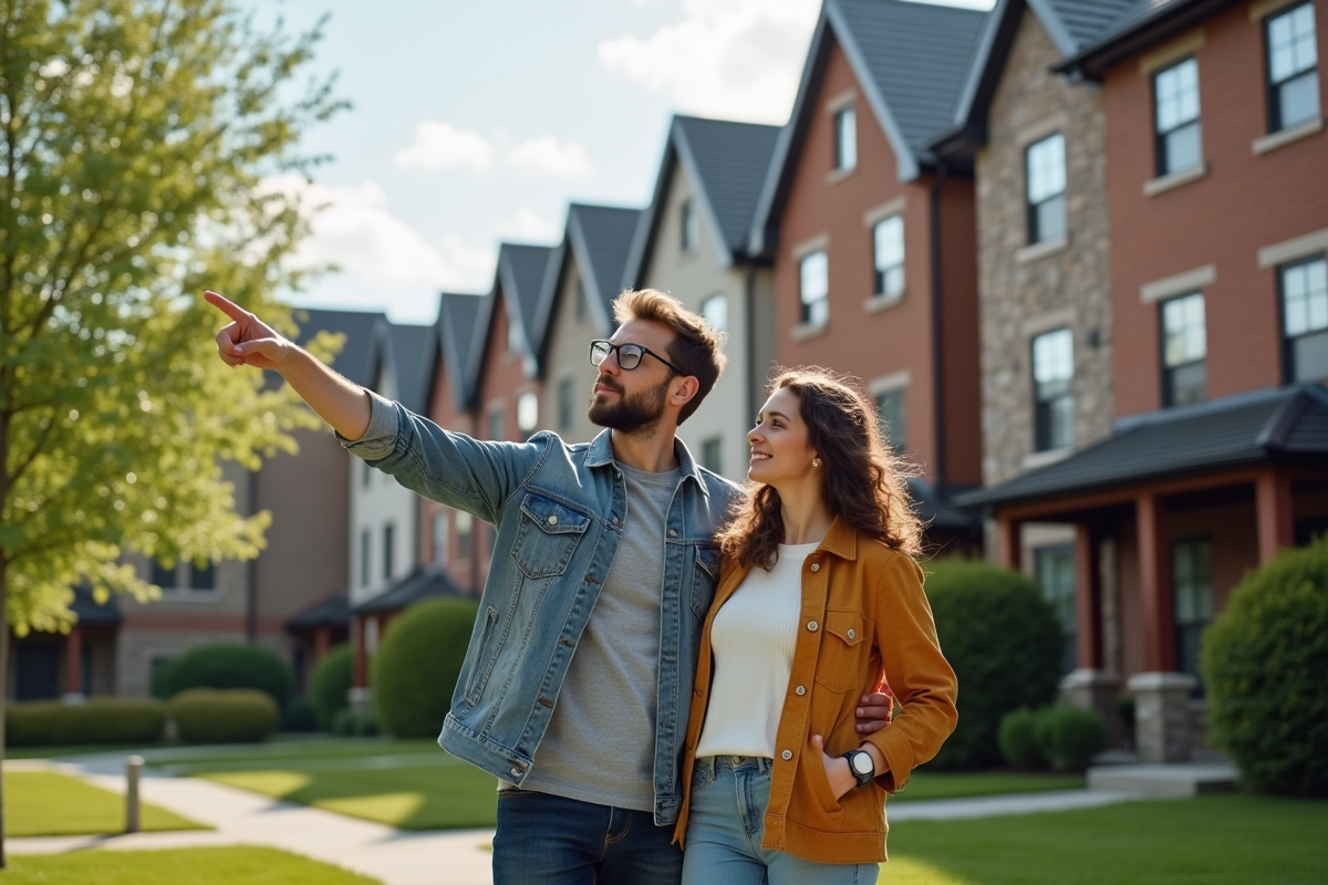 Jeune couple pointant vers des maisons dans un environnement urbain