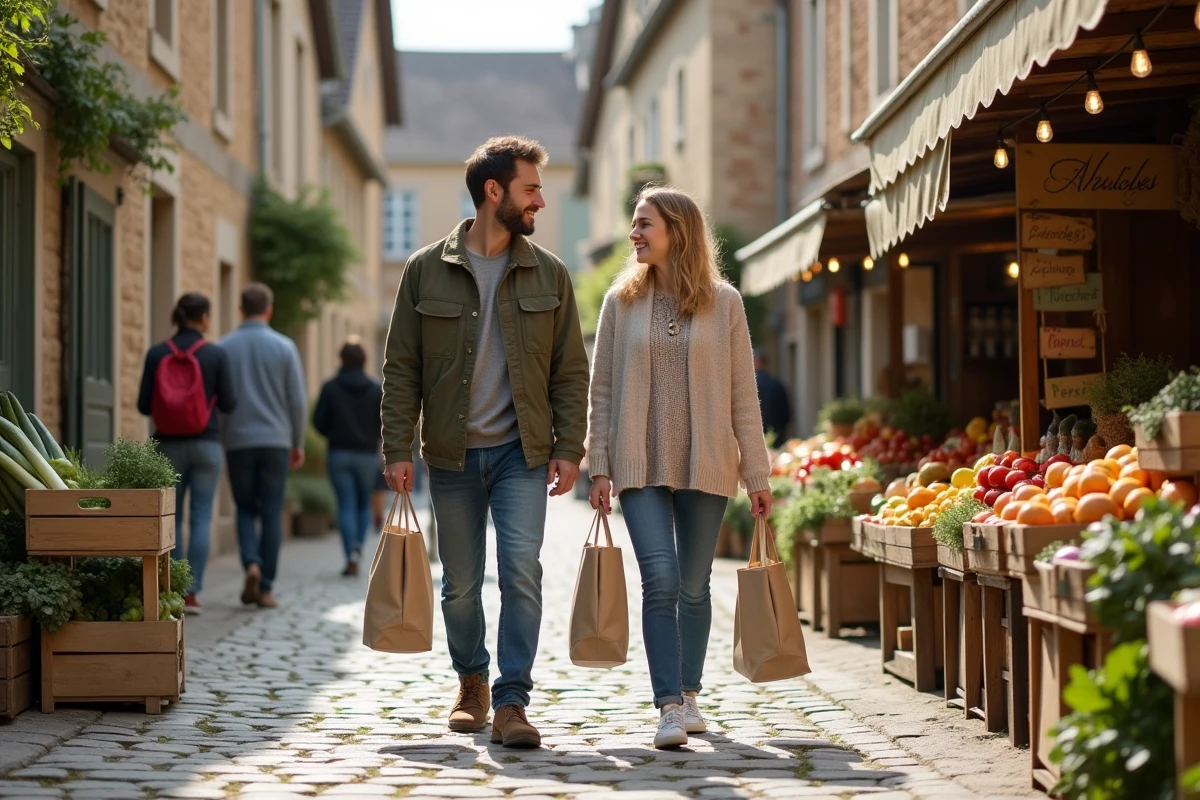 Couple de nouveaux locataires intégrés à la vie locale au marché d'un village de la Creuse