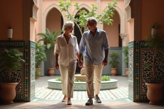 Couple marchant dans un riad marocain traditionnel