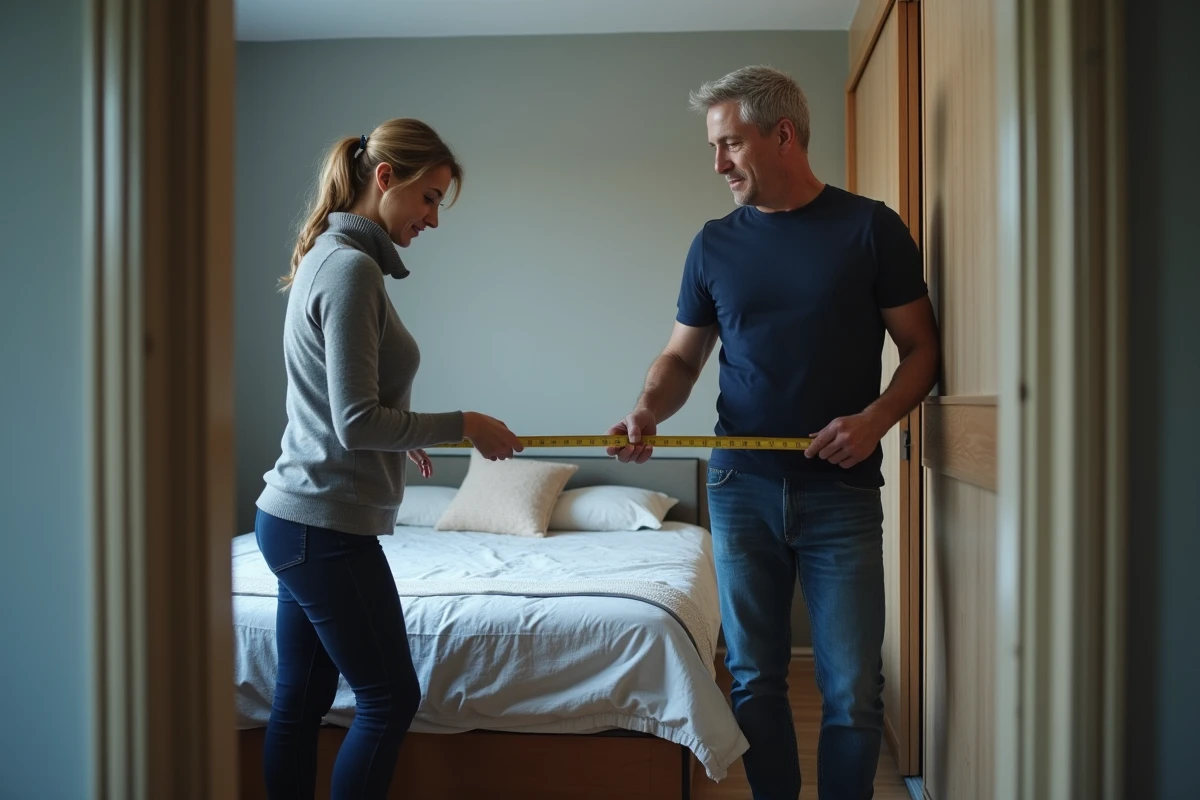 Couple mesurant les dimensions d'une chambre dans un appartement T2 lors d'une visite immobilière