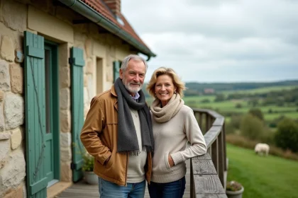 Couple normand souriant sur terrasse en campagne