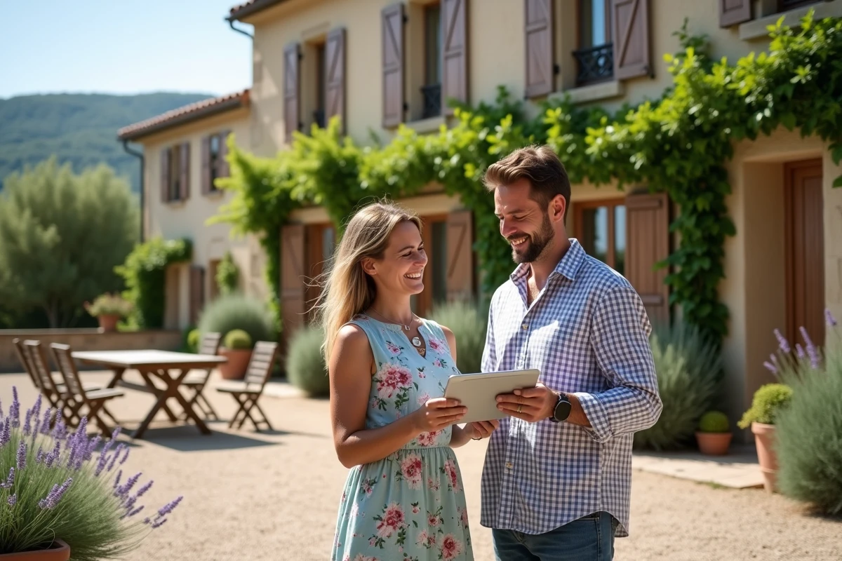 Couple de propriétaires consultant le calendrier de réservation de leur gîte sur une tablette numérique dans la cour en Provence