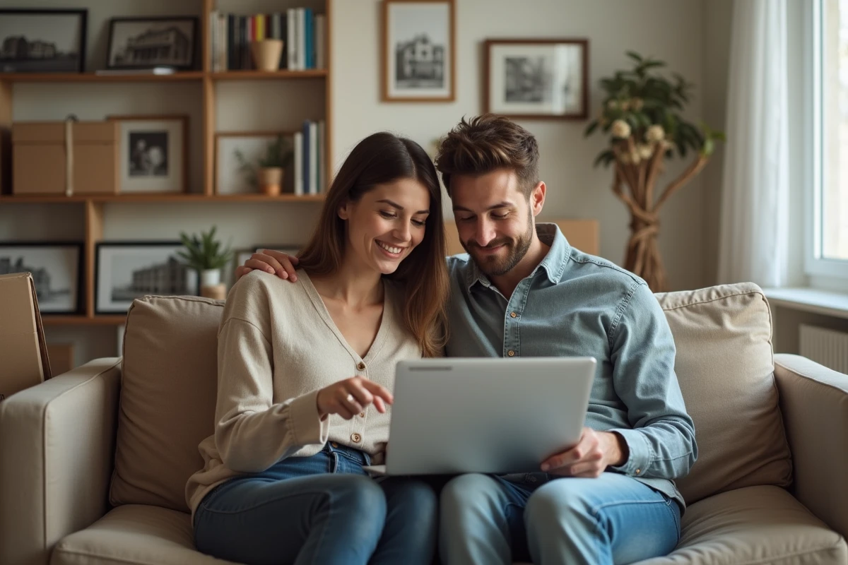 Couple de locataires recherchant un changement de logement HLM via une plateforme de mutation en ligne