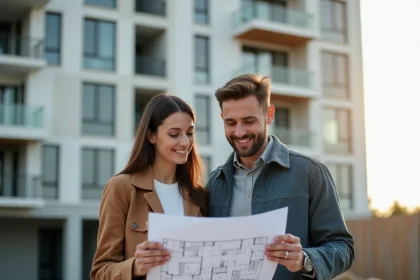 Couple devant une résidence neuve examinant les plans d'un lot immobilier pour accéder à la propriété