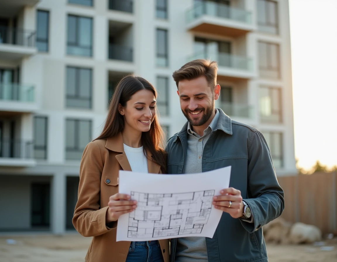 Couple devant une résidence neuve examinant les plans d'un lot immobilier pour accéder à la propriété