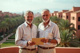 Couple retraité souriant sur balcon à Marrakech
