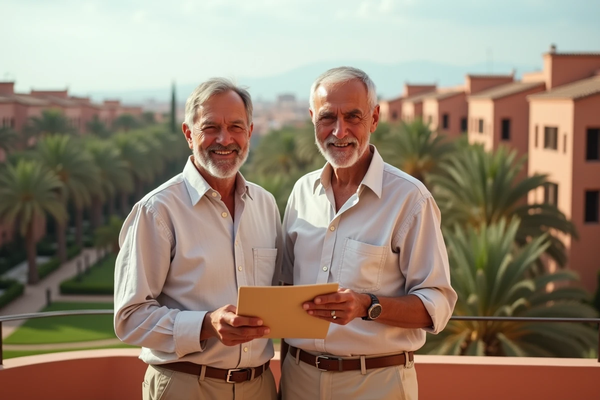 Couple retraité souriant sur balcon à Marrakech