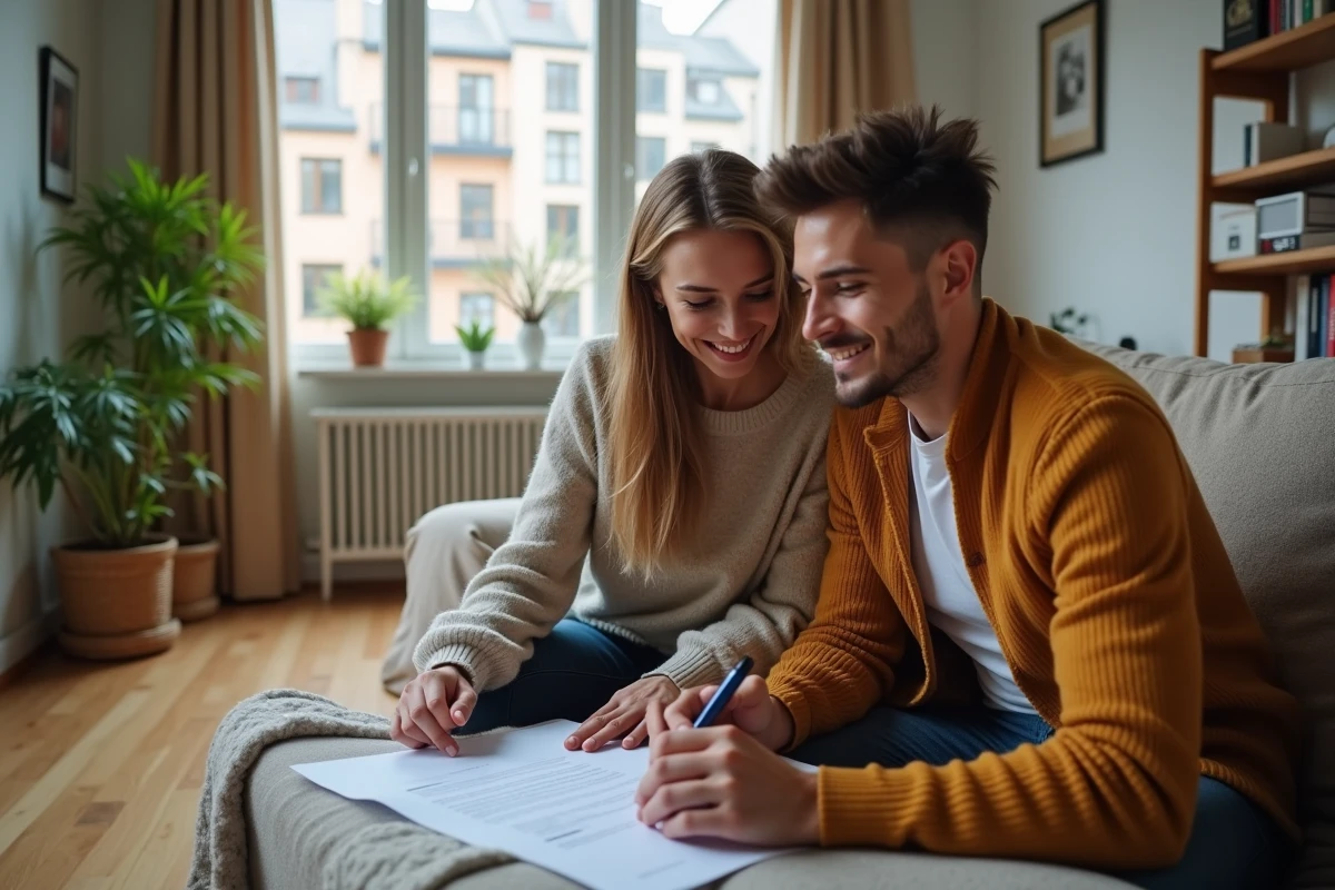Jeune couple souriant signe un formulaire de location à la maison