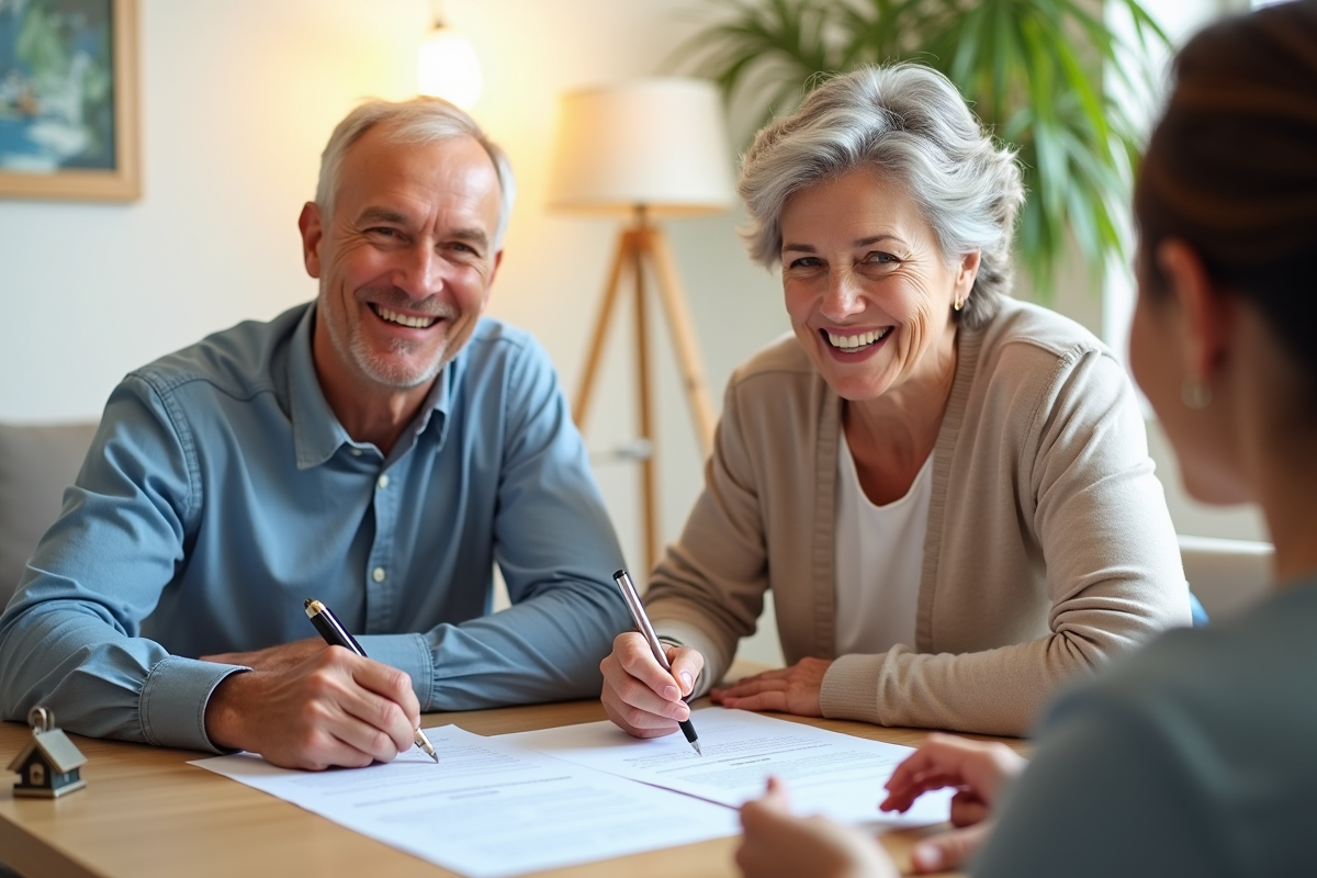 Couple souriant signant des documents immobiliers dans un salon lumineux