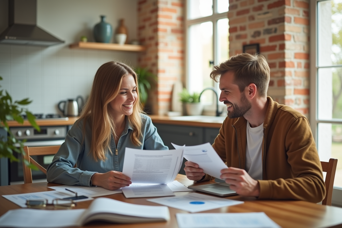 Jeune couple souriant à la maison avec documents financiers