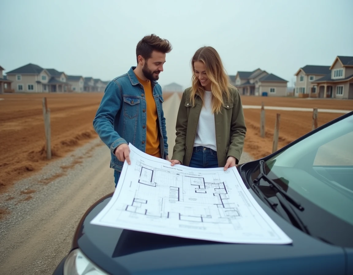 Couple étudiant les plans d'un terrain à bâtir pour la construction d'une maison neuve