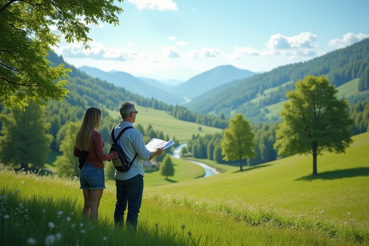 Couple examinant une prairie verte avec arbres et riviere