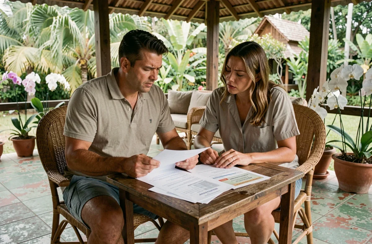 Couple d'expatriés vérifiant des contrats immobiliers pour éviter les arnaques lors d'un achat de maison en Thaïlande