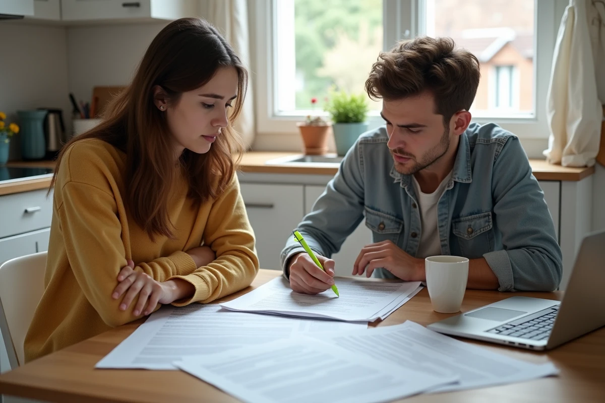 Couple examinant ensemble les clauses d'un contrat de bail immobilier &eacute;tal&eacute; sur une table de cuisine