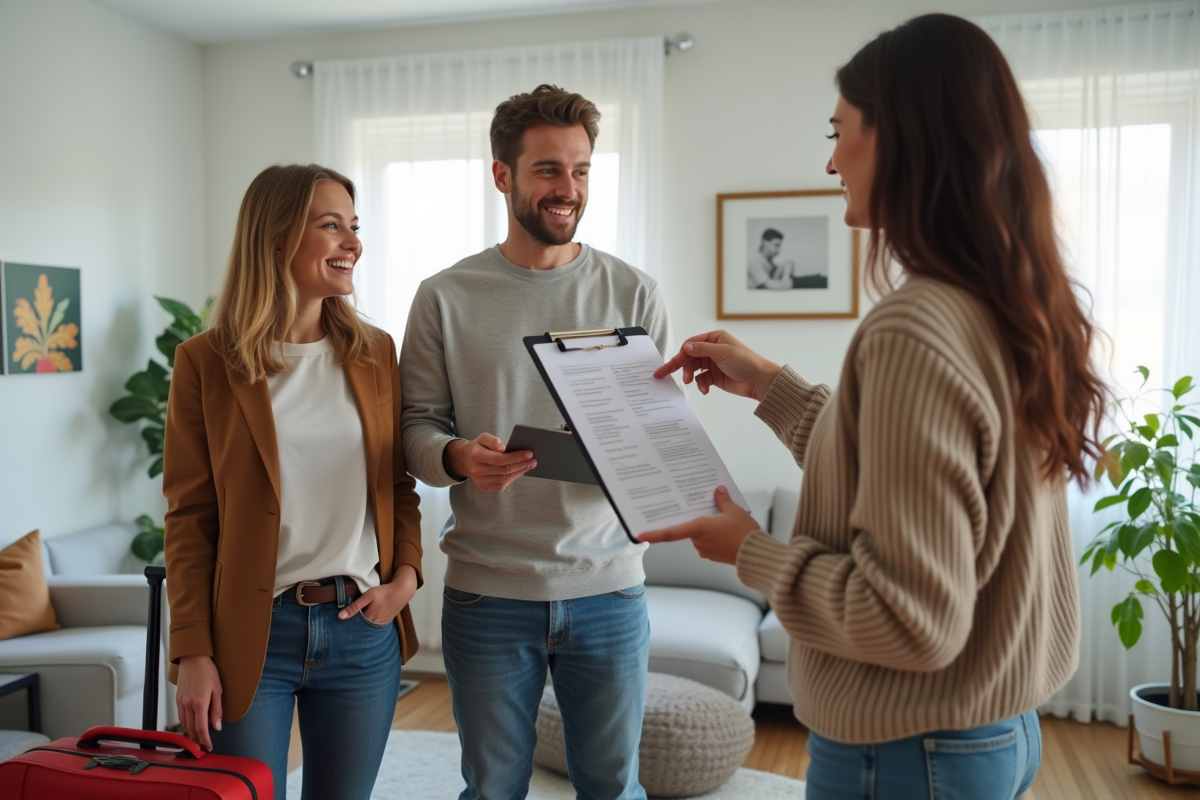 Jeune couple inspectant un salon Airbnb avec hôte souriant