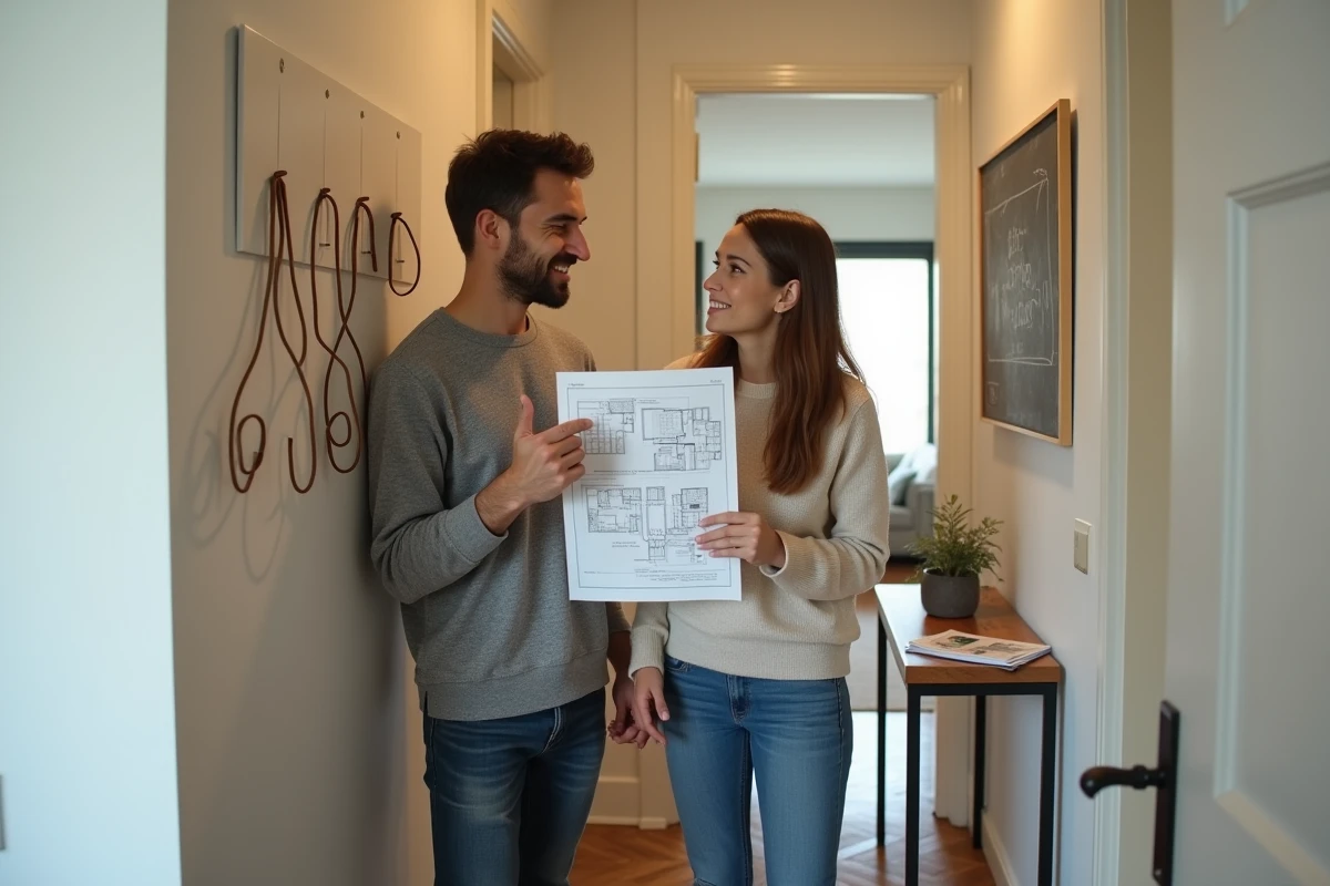 Couple visitant un appartement T2 dans l'entrée, tenant un plan de logement lors d'une visite immobilière