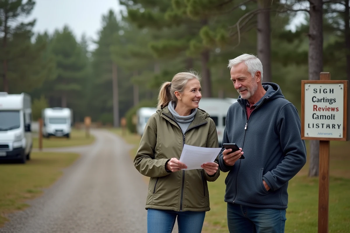 Couple évaluant un camping sur place en consultant des avis de réseaux sociaux sur smartphone