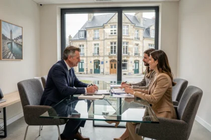 Courtier en prêt immobilier dans le Calvados conseillant un couple dans un bureau moderne avec vue sur l'architecture normande