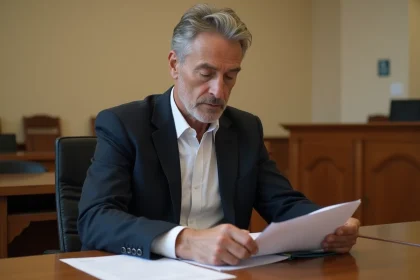 Un homme d'âge mûr consulte des documents juridiques devant un juge de proximité pour se défendre contre une accusation de vice caché