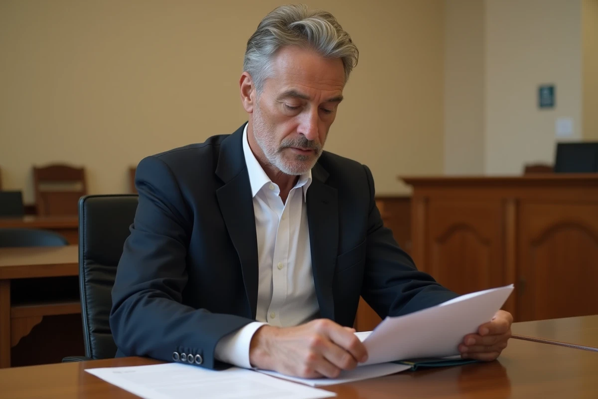 Un homme d'âge mûr consulte des documents juridiques devant un juge de proximité pour se défendre contre une accusation de vice caché