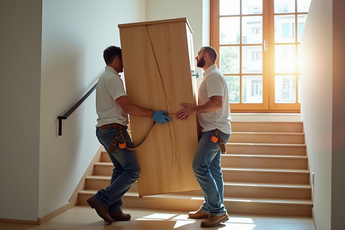 Deux déménageurs portant une armoire en bois dans un escalier lumineux