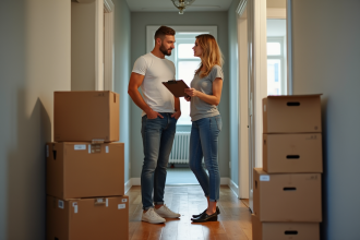 Couple en déménagement dans un couloir d'appartement