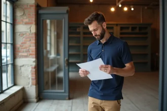 Diagnostiqueur immobilier consultant un bail commercial dans un local vide lors d'une cession de fonds de commerce