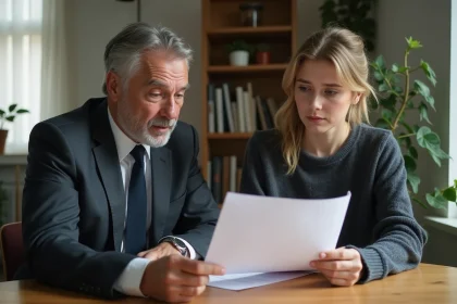 Homme d affaires expliquant des documents &agrave; une jeune femme