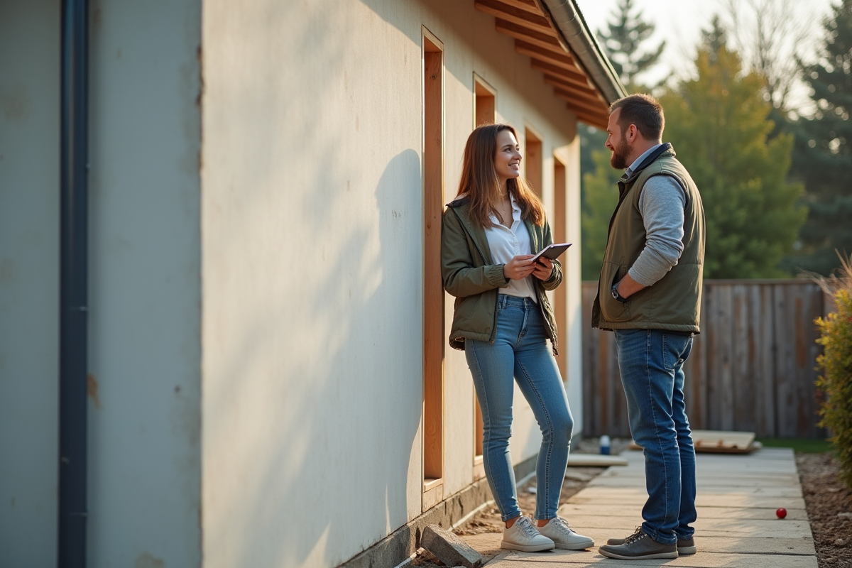 Jeune femme discutant avec un entrepreneur devant une maison
