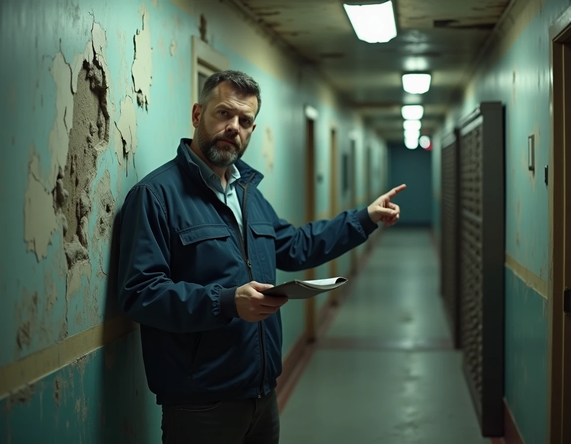 Homme documentant des moisissures et dégradations dans un couloir d'immeuble locatif délabré