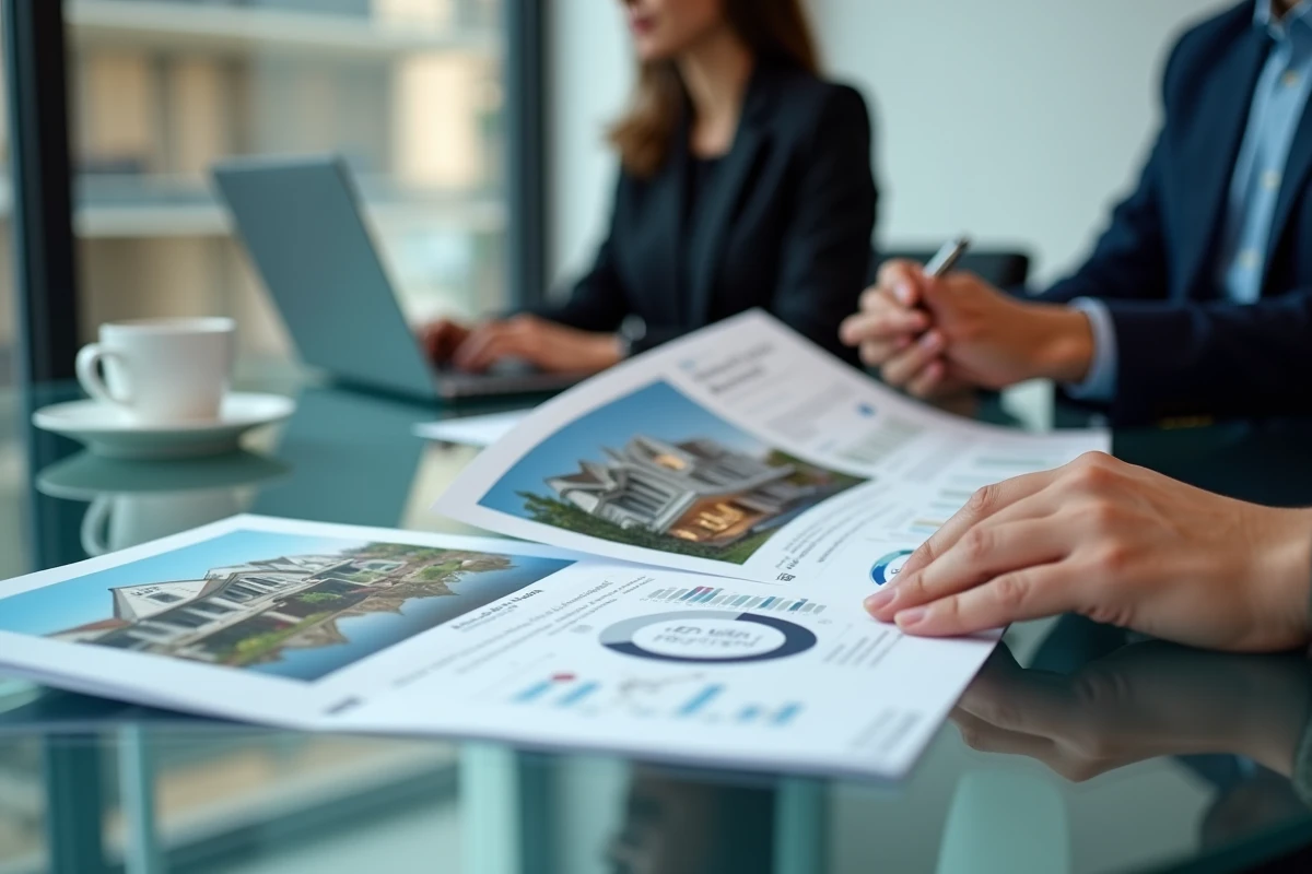 Gros plan sur des documents d'estimation immobilière et une brochure de prestige posés sur une table de réunion lors d'une consultation pour investissement locatif haut de gamme