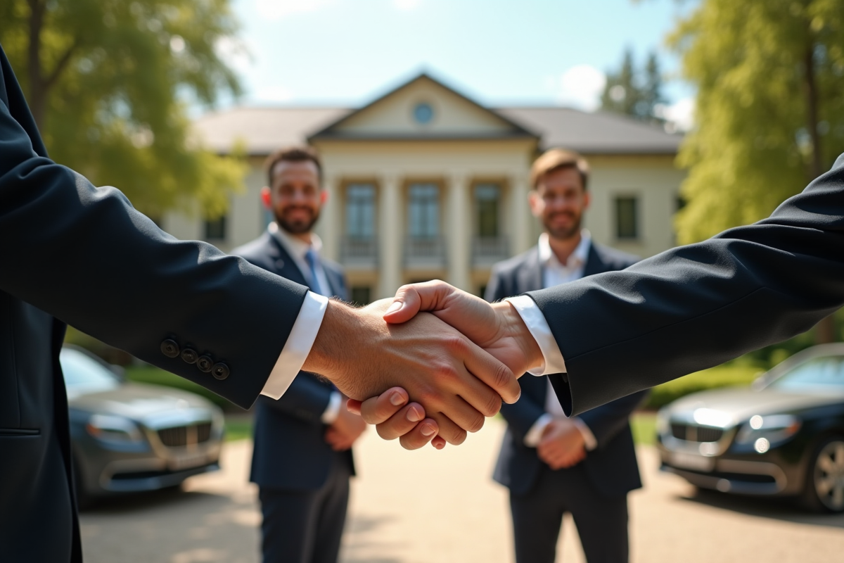 Poignée de main entre deux professionnels devant une grande maison luxueuse