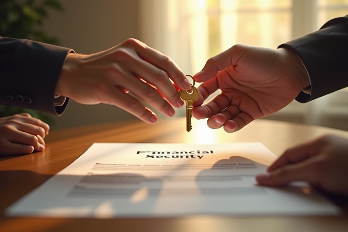 Deux mains échangeant une clé dorée et un contrat de securite financière