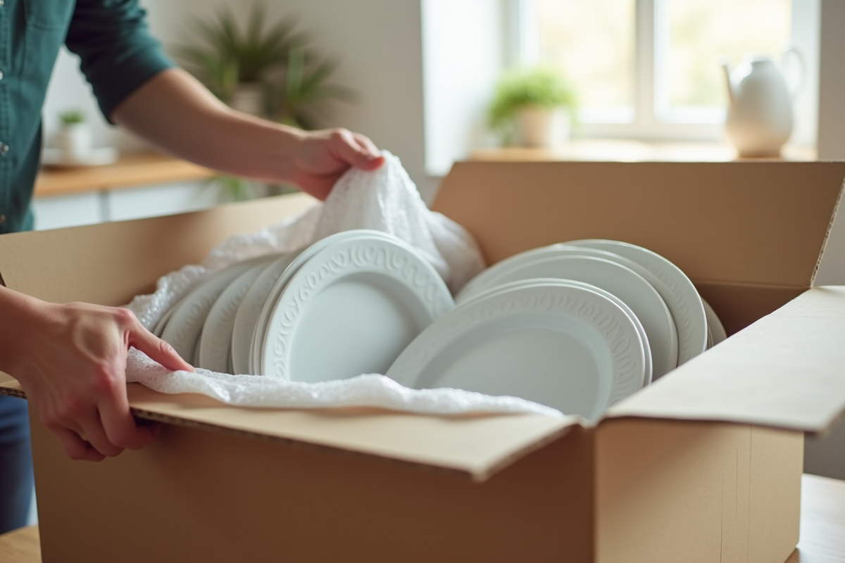 Main emballant des assiettes en porcelaine blanche avec du papier