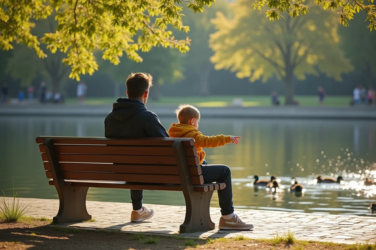 Jeune garçon et enfant sur un banc près de la rivière