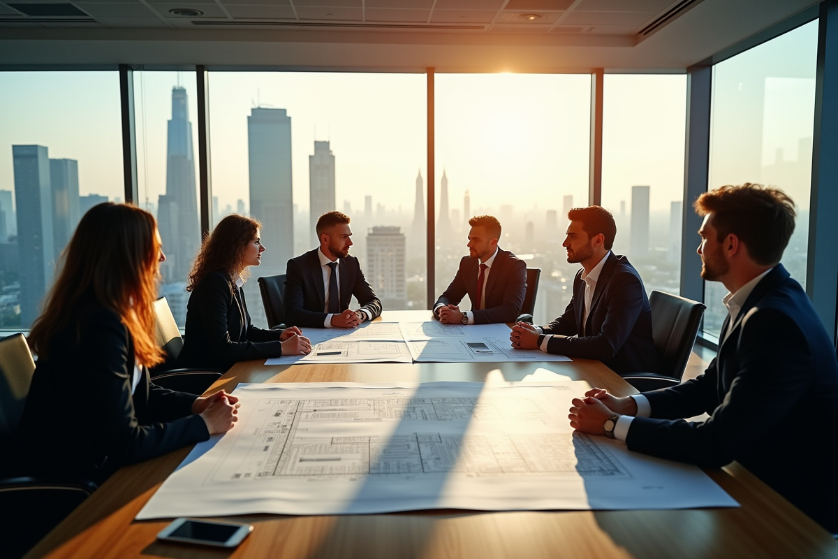 Groupe de professionnels discutant de plans et modèles immobiliers avec vue sur la ville