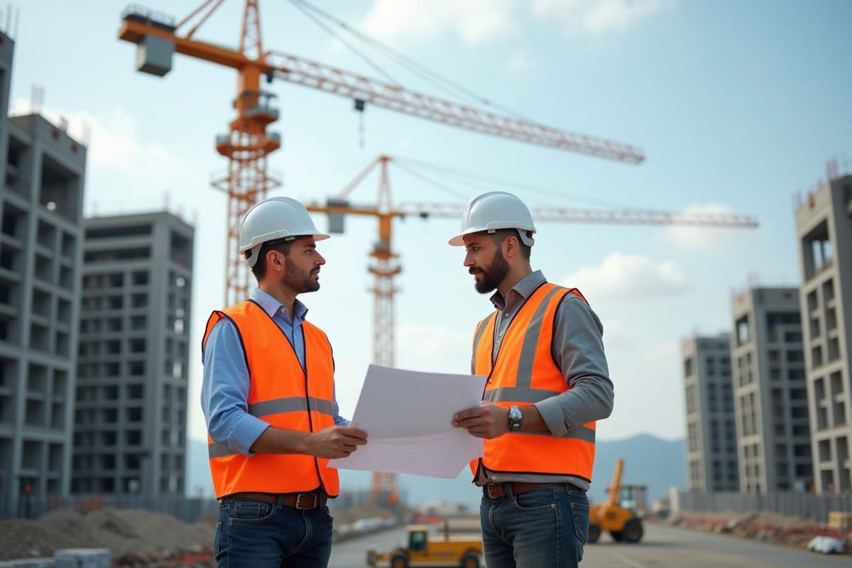 Architecte et ouvrier discutant plans sur un chantier