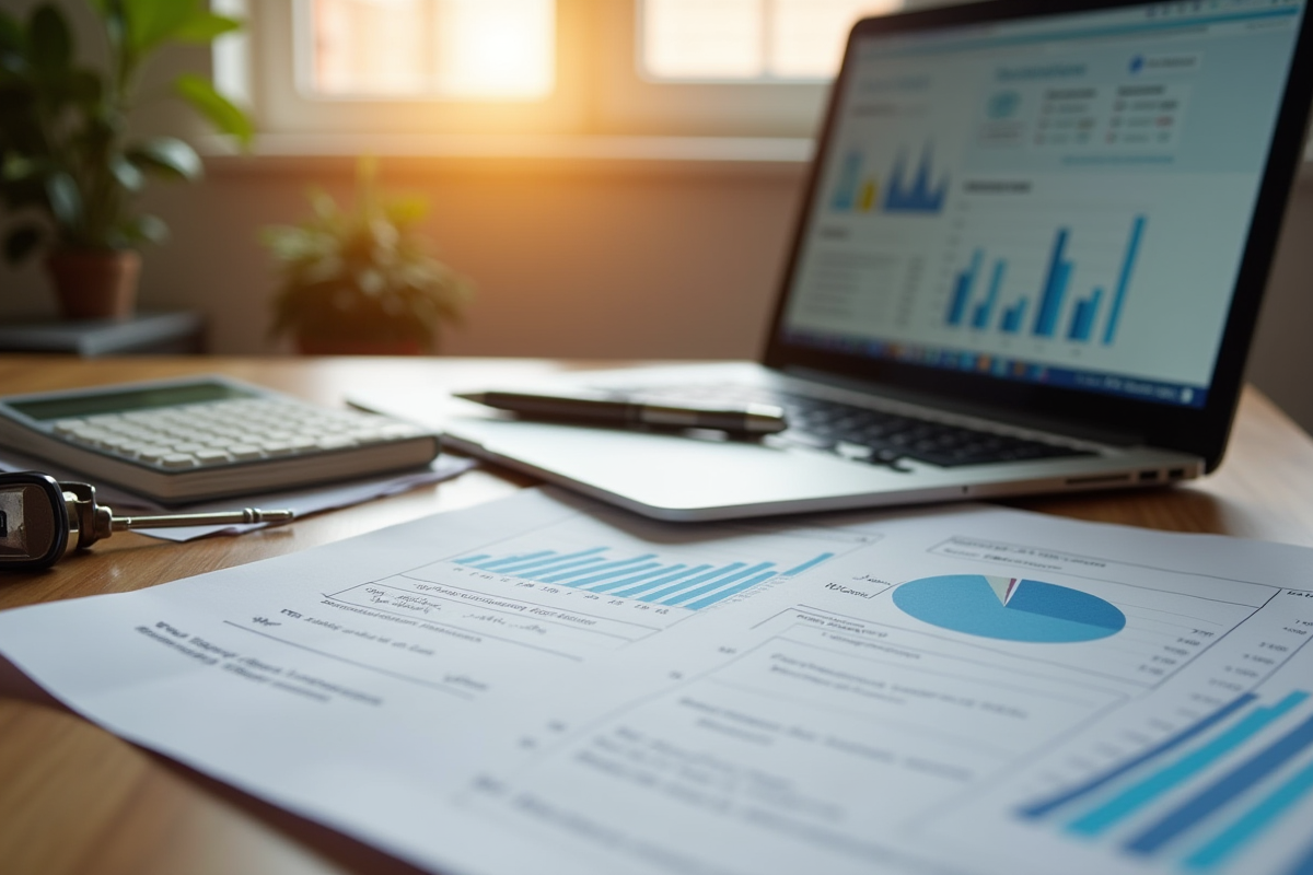 Espace de travail immobilier avec documents et ordinateur