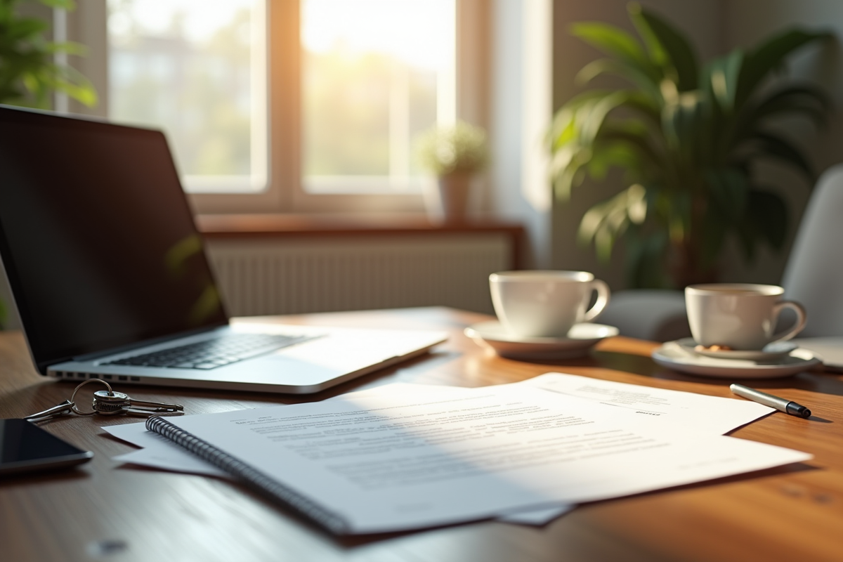 Espace de travail moderne avec ordinateur et clés appartement