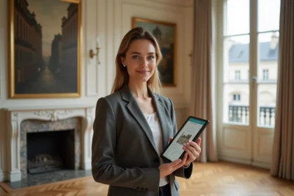 Femme élégante tenant une tablette pour estimer un appartement de standing à Paris