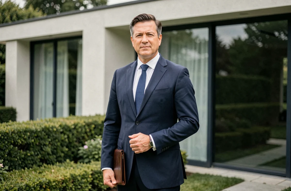 Professionnel de l'immobilier de prestige devant une maison haut de gamme tenant un dossier confidentiel