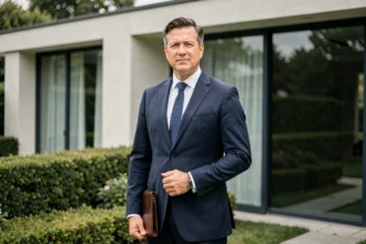 Professionnel de l'immobilier de prestige devant une maison haut de gamme tenant un dossier confidentiel