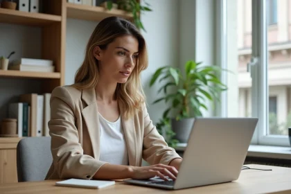 Femme consultant une estimation immobili&egrave;re gratuite en ligne sur un ordinateur portable dans un bureau &agrave; domicile