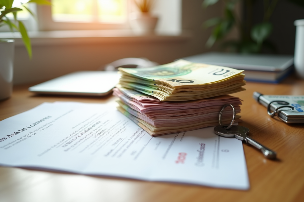 Pile de billets euro et contrat de location sur un bureau lumineux